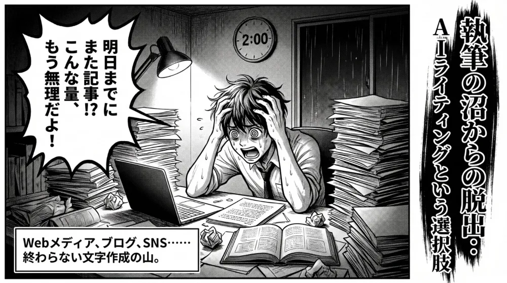深夜2時、机に山積みの原稿とノートPCに囲まれた男性が頭を抱え「明日までにまた記事!? こんな量もう無理だよ！」と悲鳴。AIライティングを示す導入コマ