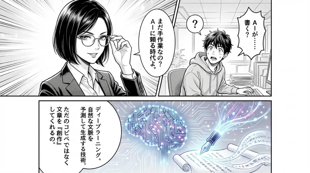 眼鏡の女性が「まだ手作業なの？AIに頼る時代よ」と提案し、男性が「AIが……書く？」と驚く。脳回路のイメージとペンで文章生成する図でAIライティングを説明するコマ