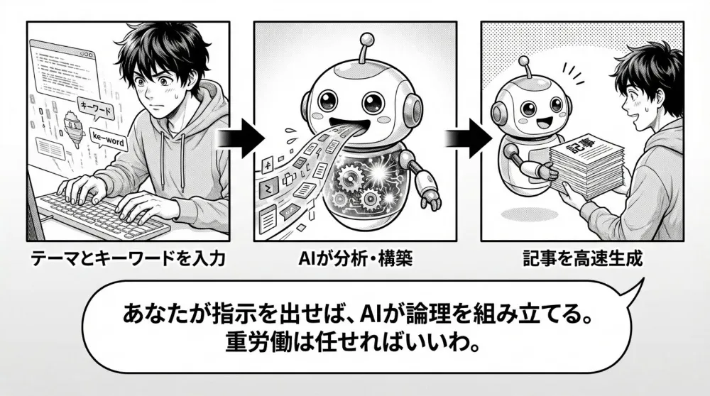 男性がPCでテーマとキーワードを入力し、AIロボットが分析・構築して記事の束を手渡す流れ。「指示を出せばAIが論理を組み立て、高速で記事生成できる」と説明する図解コマ