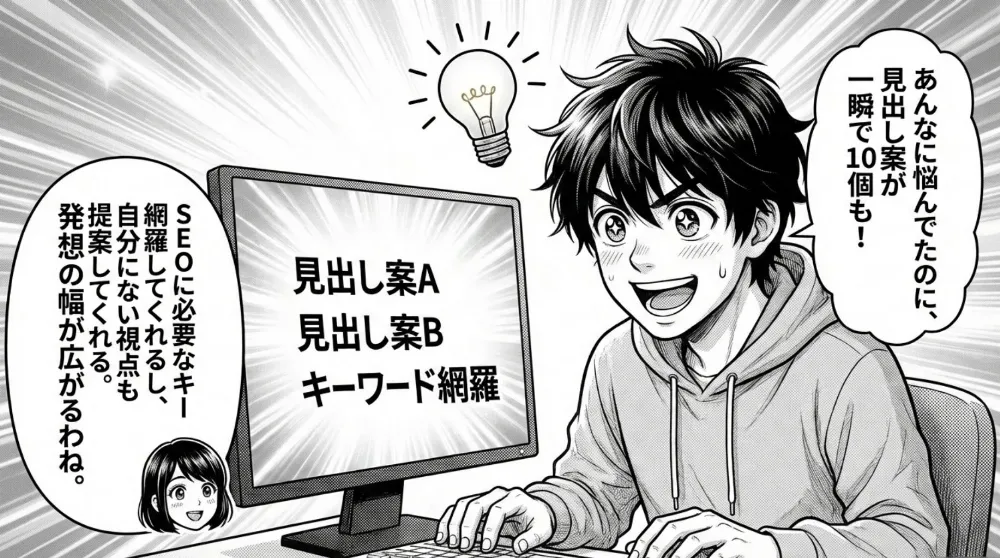 AIで見出し案（A・B）やキーワード網羅が一瞬で出て、男性が「悩んでたのに見出し案が瞬時で10個も！」と驚く。SEOに必要な網羅・提案で発想が広がることを示すコマ