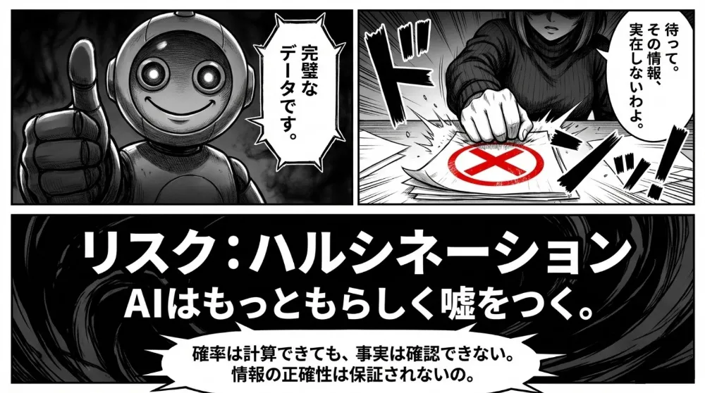 AIロボットが「完璧なデータです」と自信満々に親指を立てる一方、人物が「その情報、実在しないわよ」と×印で否定。「リスク：ハルシネーション／AIはもっともらしく嘘をつく」と警告するコマ