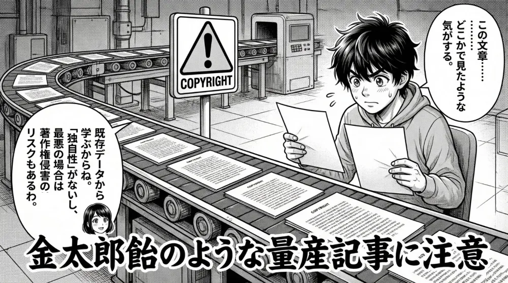 工場のベルトコンベアで大量の記事が流れる中、「COPYRIGHT」警告看板の前で男性が原稿を見比べ「この文章…どこかで見たような気がする」と不安に。既存データ由来の独自性不足や著作権リスク、量産記事に注意を促すコマ