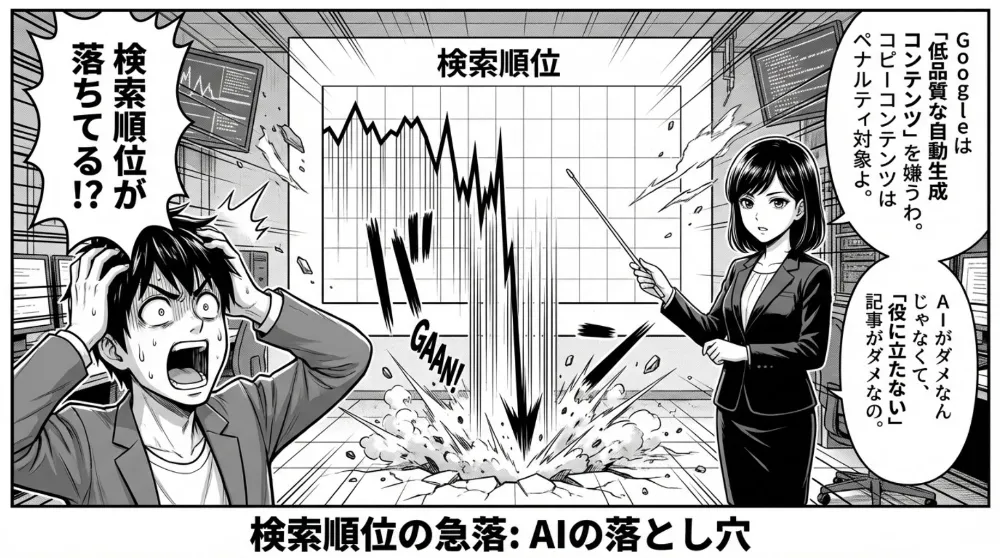 検索順位グラフが急落し、男性が「検索順位が落ちてる!?」と絶叫。スーツの女性が低品質な自動生成・コピコンはペナルティ対象、役に立たないAI記事はダメと説明し「検索順位の急落＝AI運用の落とし穴」を示すコマ