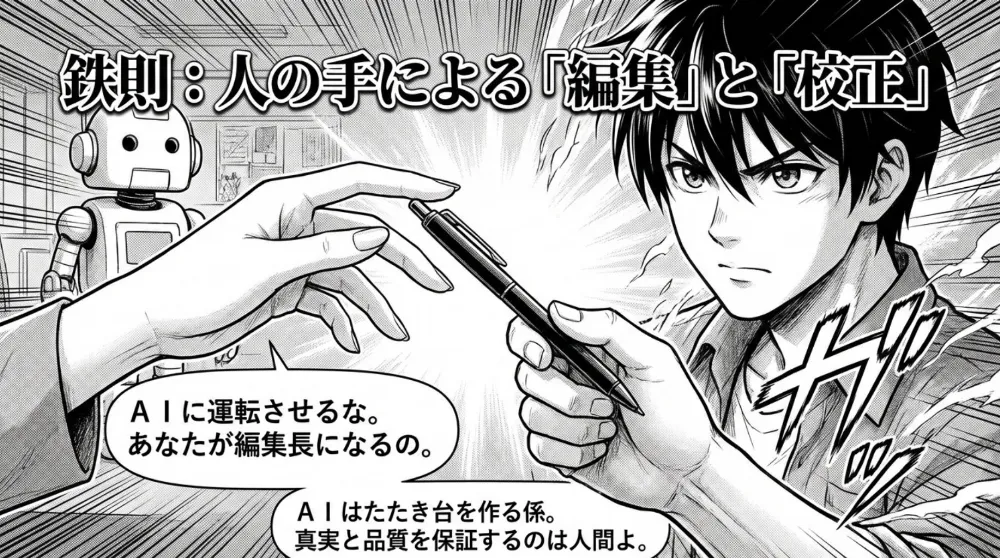 「鉄則：人の手による『編集』と『校正』」の見出し。AIロボットを背に、人物がペンを受け取り「AIに運転させるな。あなたが編集長になる」と、人間が品質と真実を担保する重要性を示すコマ