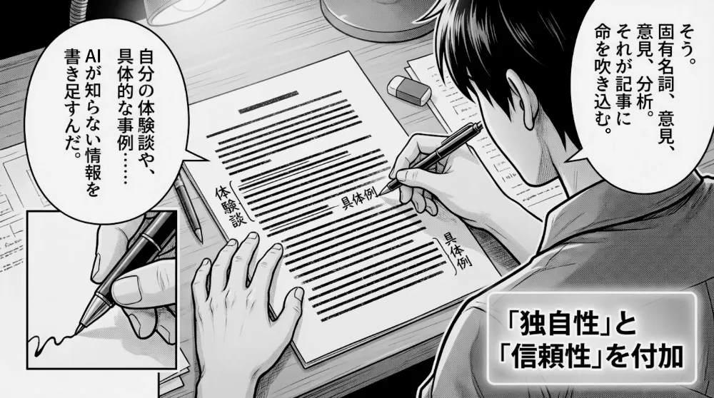 原稿にペンで追記する人物。「固有名詞・意見・分析を入れて記事に命を吹き込む」「体験談や具体例でAIが知らない情報を補う」と、独自性と信頼性を付加する編集作業を示すコマ