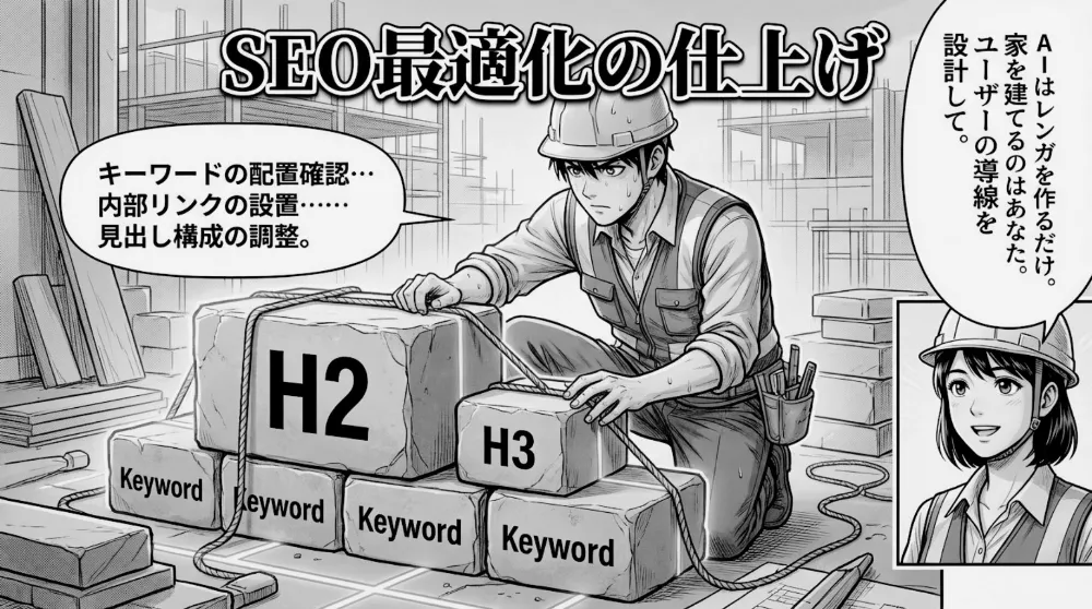 「SEO最適化の仕上げ」の見出し。現場作業員がH2・H3と書かれたブロックや「Keyword」ブロックを積み上げ、キーワード配置確認・内部リンク設置・見出し構成調整など、AI原稿を人が仕上げて検索に強くする工程を示すコマ