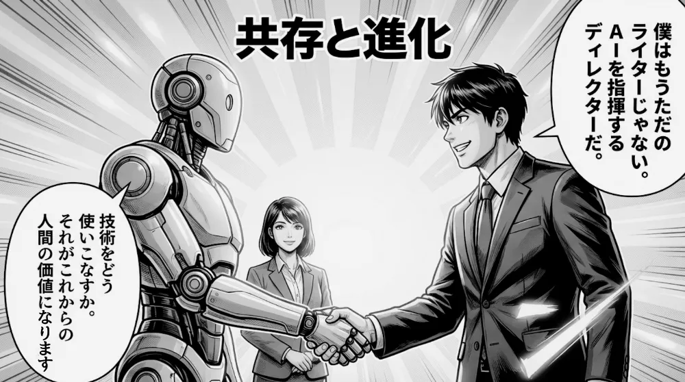 「共存と進化」の見出し。スーツの男性がAIロボットと握手し「僕はもうただのライターじゃない。AIを指揮するディレクターだ」と宣言。技術の使いこなしが人間の価値になると示す締めのコマ
