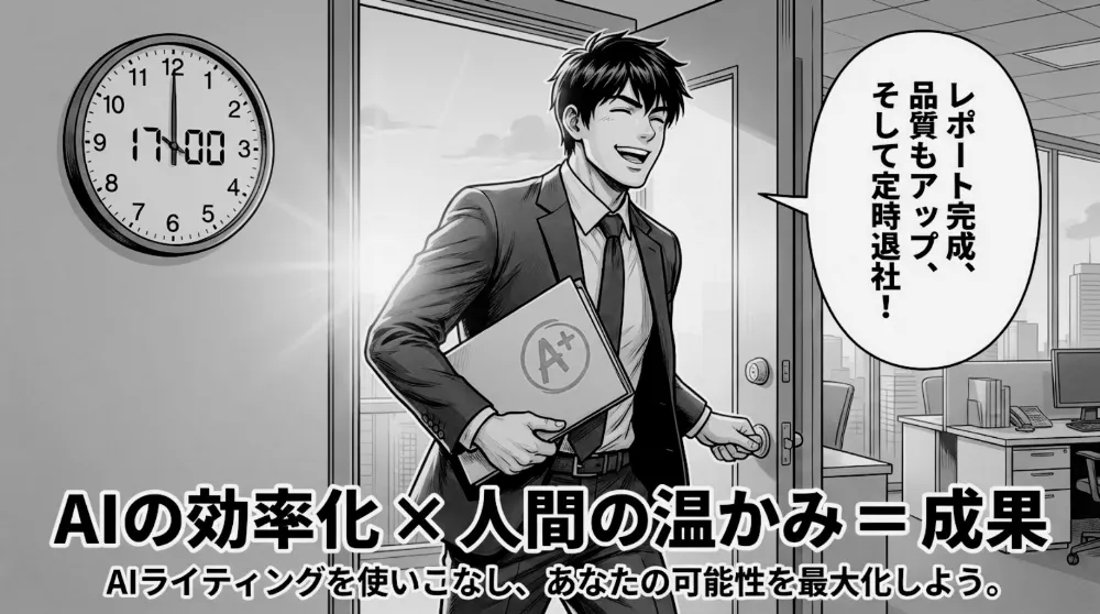 時計が17:00を示すオフィスで、スーツの男性がA+評価のレポートを抱えて笑顔で退社。「レポート完成、品質もアップ、そして定時退社！」と、AIの効率化×人間の温かみで成果を出す締めのコマ