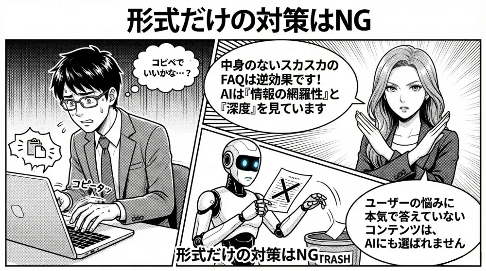 内容が薄いFAQの量産は逆効果で、AIは情報の網羅性と深度を評価する注意喚起