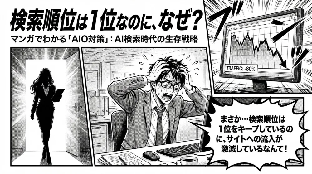 検索順位は1位なのにサイト流入が激減し、原因に悩む担当者（AIO対策の導入）
