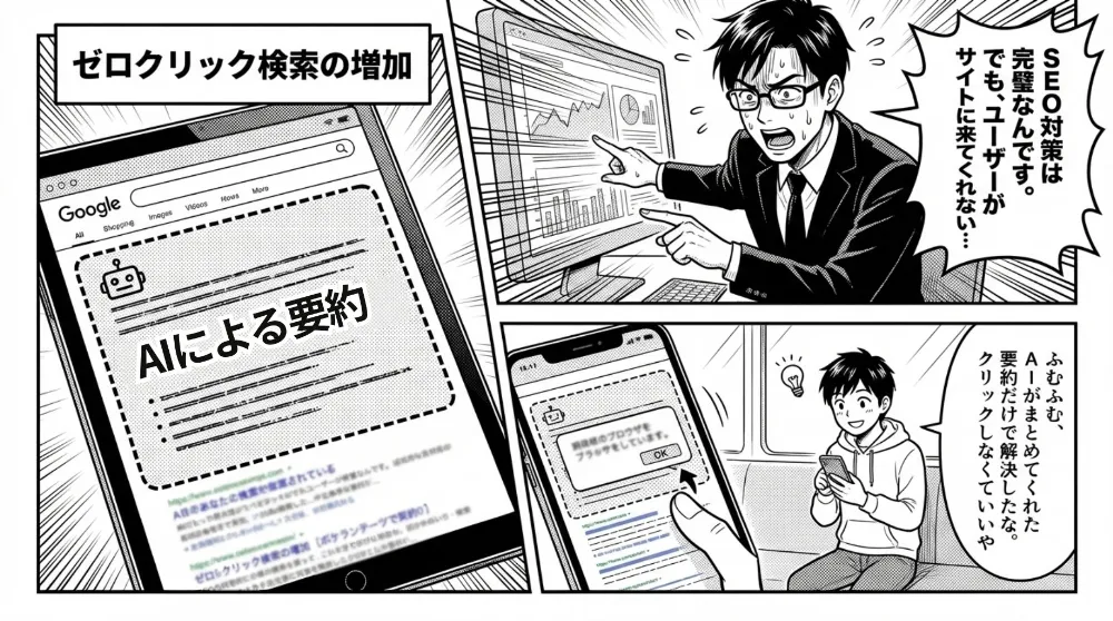 AI要約によりゼロクリック検索が増え、ユーザーがサイトをクリックしない状況の説明