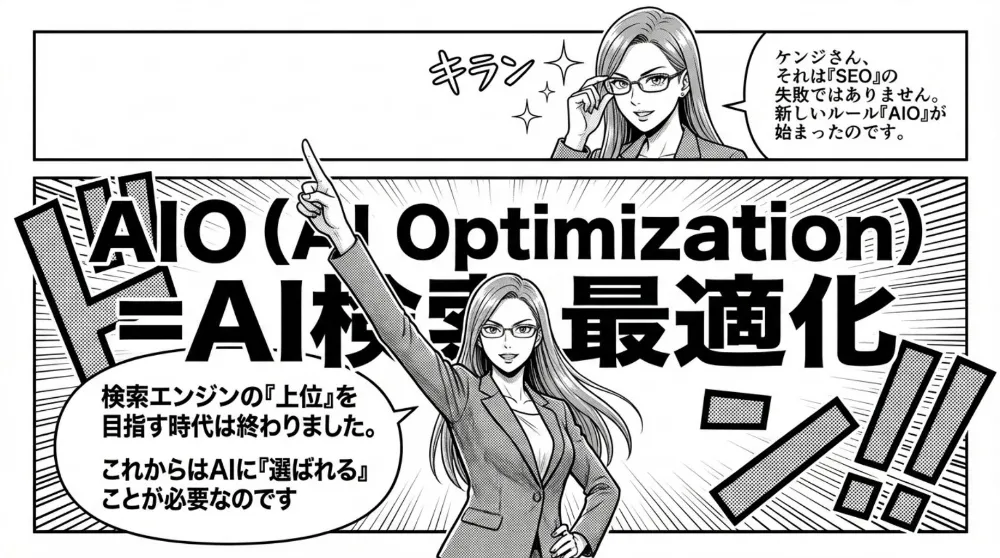 AIO（AI Optimization）＝AI検索最適化の重要性を示す解説シーン
