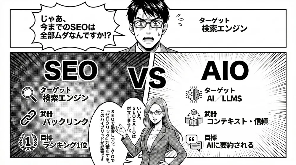 SEOとAIOの比較（ターゲット：検索エンジン/AI、評価軸：被リンク/信頼・文脈）