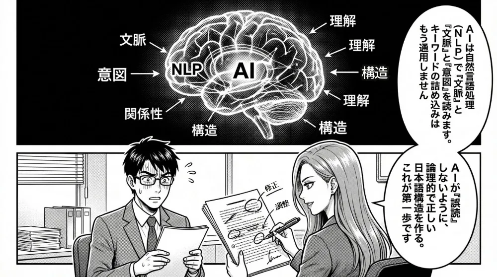 AIがNLPで文脈・意図・構造を理解し、キーワード一致だけでは不十分である説明