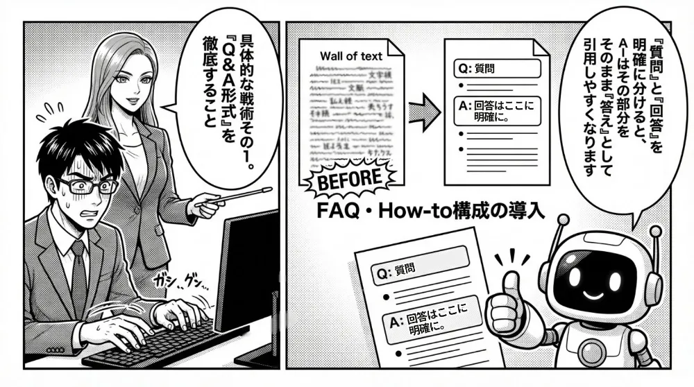 記事をQ&A（FAQ・How-to）構成にして、質問と回答を明確化する施策の解説