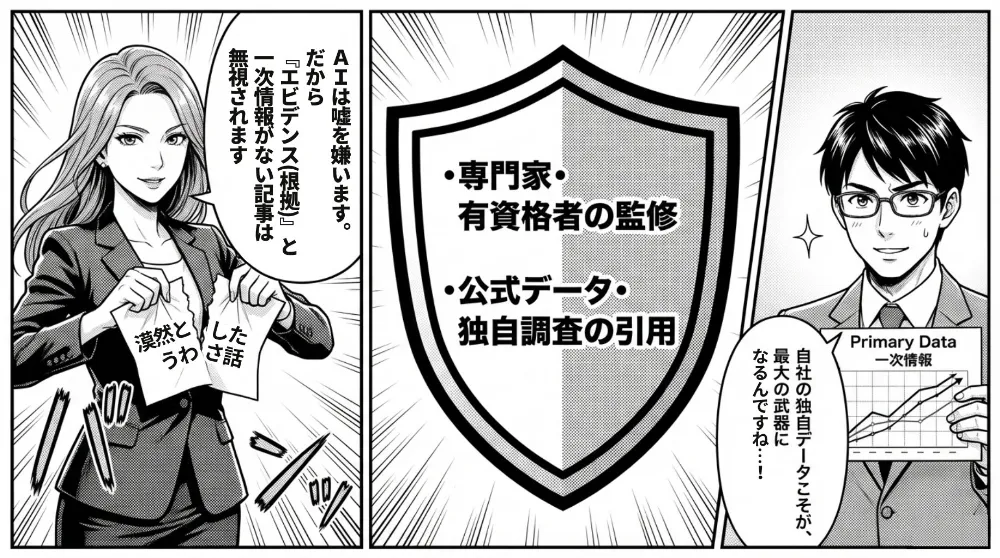 AIが根拠を重視するため、専門家監修・公的データ・独自調査など一次情報を示す説明