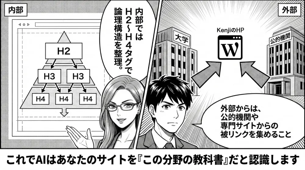内部はH2〜H4で論理構造を整え、外部は公的機関や専門サイトからの被リンクを得る図