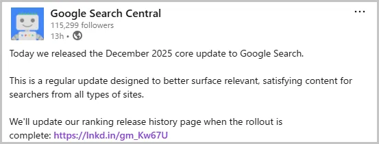Google検索セントラルのLinkedInの投稿