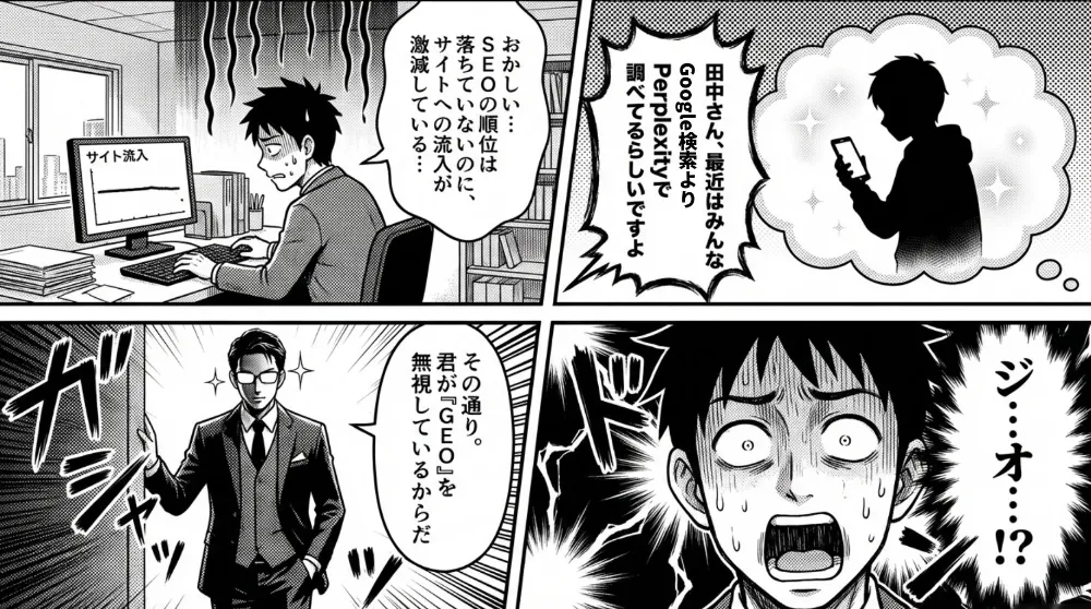 SEOの順位は落ちていないのにサイト流入が減り、Google検索よりPerplexityで調べる人が増えてGEOを無視できないと気づく場面