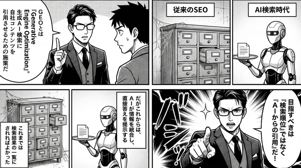 GEOをGenerative Engine Optimizationと説明し、従来SEOは検索結果一覧、AI検索時代はAIが情報を統合して直接答えると示す場面