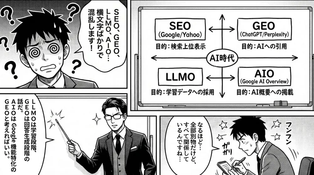 SEO・GEO・LLMO・AIOの違いを図で整理し、AI時代は目的ごとに考え方を分けて理解する必要があると説明する場面