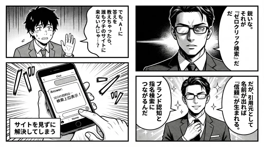 AIが回答を返すことでサイトを見ずに解決するゼロクリック検索が起こる一方、引用元になれば名前が出て信頼や指名検索につながると解説する場面