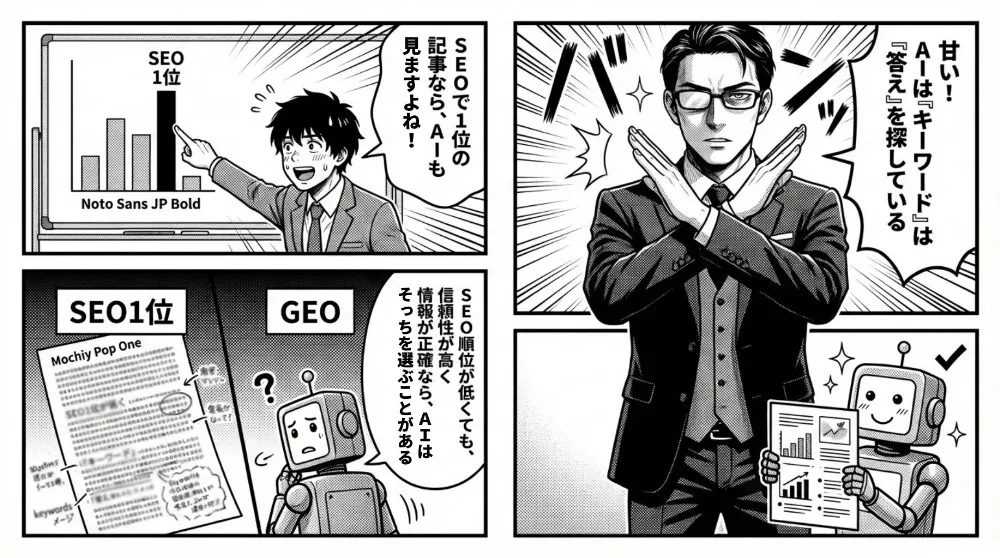 SEOで1位でもAIに必ず選ばれるわけではなく、AIはキーワードより答えを探しており、信頼できる情報を優先すると説明する場面