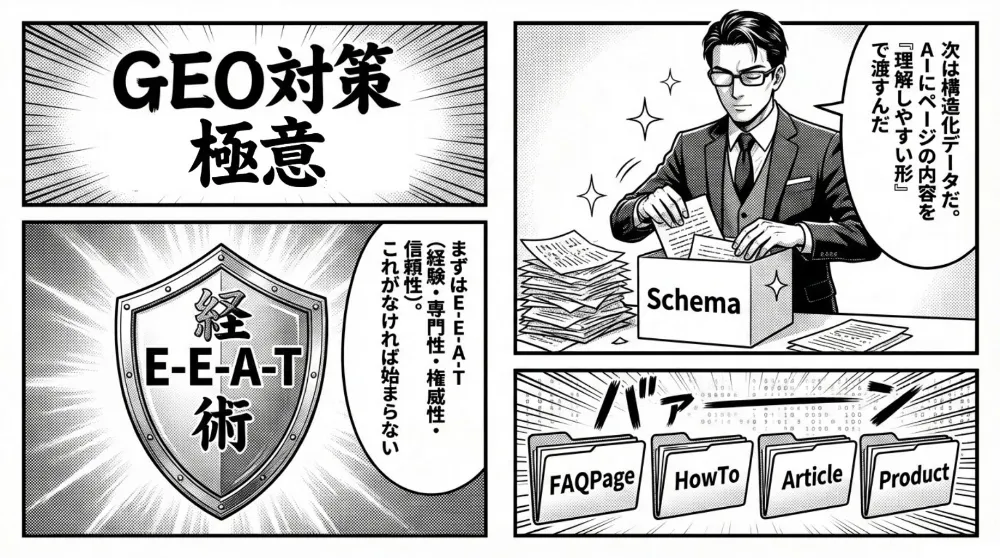 GEO対策の基本として、結論ファーストで質問と回答をセットにし、古い情報を避けて最新情報へ更新・リライトする重要性を示す場面