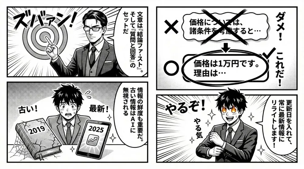 一次情報や独自データ、アンケート・事例が真実味につながり、監修者や著者情報の明記が重要でYMYL分野では特に必須だと伝える場面
