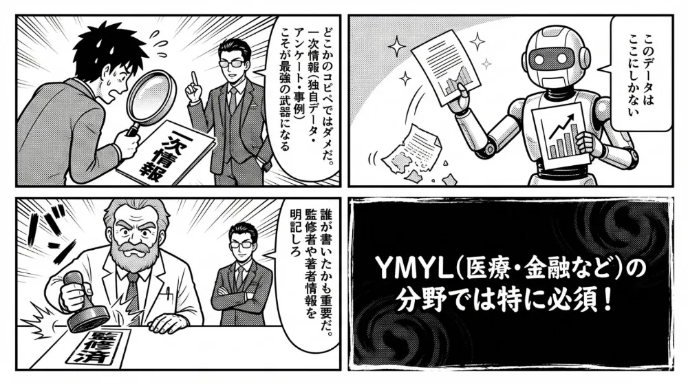 GEO対策の要点としてE-E-A-Tと構造化データを示し、AIに内容を理解しやすく伝えるためにSchemaやFAQPage、HowTo、Article、Productを整える場面