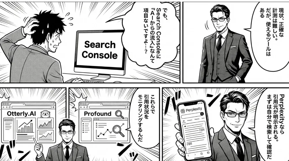 SEOはもう古いと誤解する主人公に対し、SEOとGEOは対立せず相互補完の関係であり、良質なコンテンツはGoogleにもAIにも評価されると示す場面
