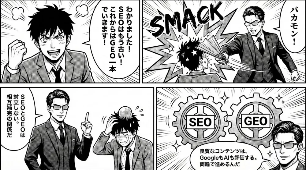 小さな専門サイトでも独自情報や専門性があればAIに評価されるチャンスがあり、先行者利益も大きいと励ます場面