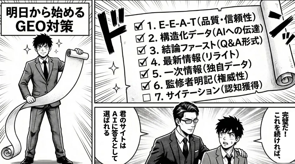 明日から始めるGEO対策として、E-E-A-T、構造化データ、結論ファースト、最新情報、一次情報、監修者明記、サイテーションの7項目を一覧で示す場面