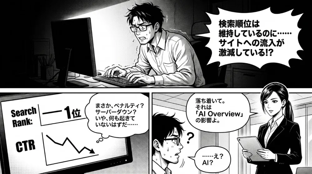 検索順位は1位のままなのにCTRが下がり、サイト流入が激減して焦る男性。女性が「AI Overviewの影響」と説明し、順位維持でもクリックが減る状況を示す
