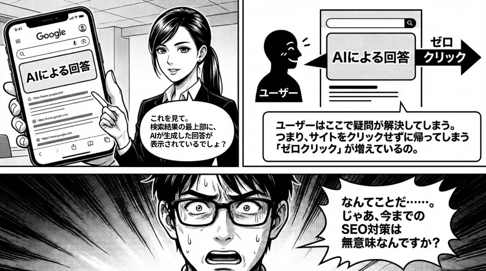 スマホのGoogle検索結果で最上部に「AIによる回答（AI Overview）」が表示され、ユーザーがサイトをクリックせず疑問解決する「ゼロクリック」が増える仕組みを説明。男性が「今までのSEO対策は無意味？」と動揺する