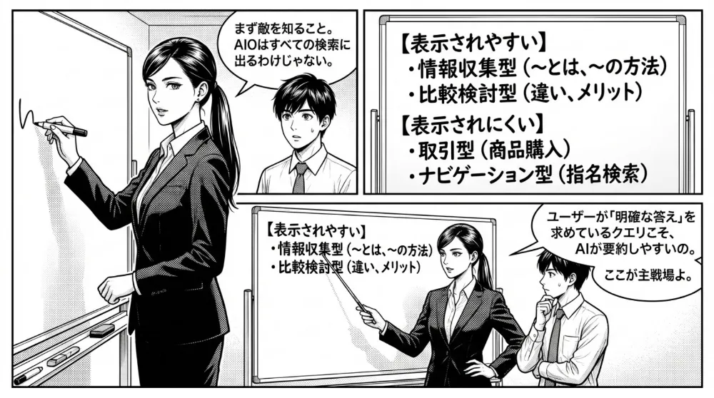 女性がホワイトボードでAI Overview（AIO）が表示されやすい検索クエリを解説。情報収集型（〜とは、〜の方法）・比較検討型（違い、メリット）は表示されやすく、取引型（商品購入）・ナビゲーション型（指名検索）は表示されにくいと整理する