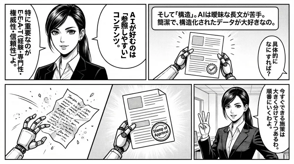 女性がAI Overview（AIO）に選ばれやすい条件を説明。「AIが好むのは参照しやすいコンテンツ」で、E-E-A-T（経験・専門性・権威性・信頼性）が重要。さらにAIは曖昧な長文より、簡潔で構造化された情報を好むと示し、これから実践施策を7つ紹介する流れ