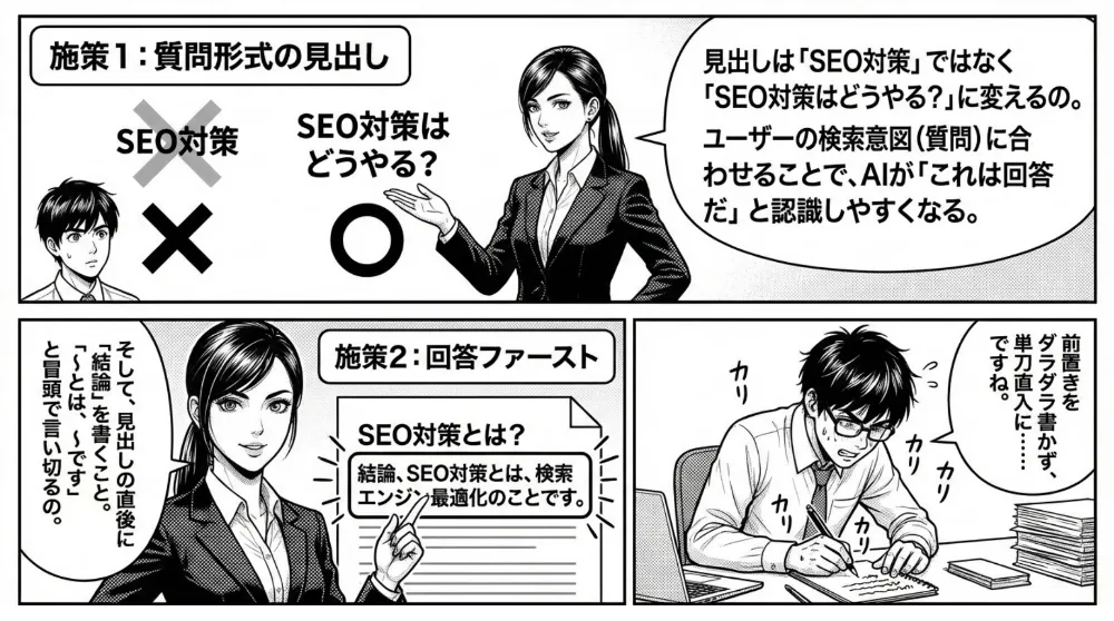 AI Overview対策の施策を解説。施策1は見出しを質問形式にする（例：「SEO対策」ではなく「SEO対策はどうやる？」）。施策2は回答ファーストで、見出し直下に結論を書く（「SEO対策とは？結論：検索エンジン最適化のこと」）と示す