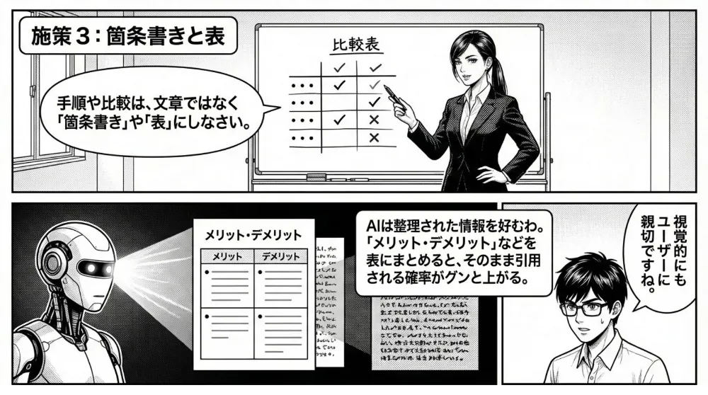 AI Overview対策の施策3として、手順や比較は文章ではなく箇条書きや表で整理することを解説。比較表やメリット・デメリット表にまとめると、AIが参照・引用しやすくなり、ユーザーにも視覚的に分かりやすいと示す