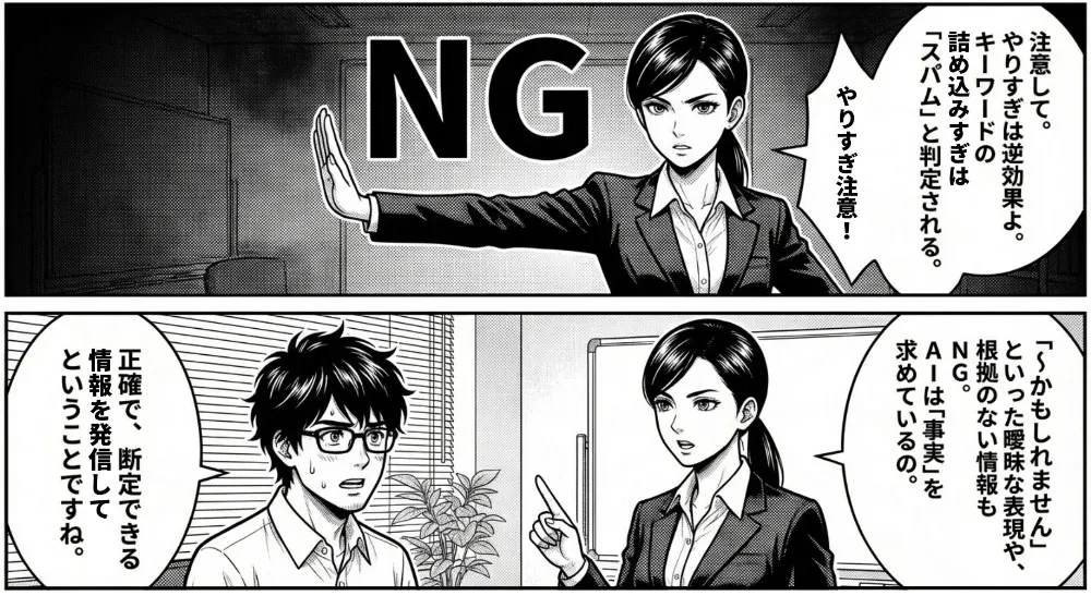 AI Overview対策で避けるべきNG行為を警告するコマ。女性が「やりすぎ注意」としてキーワードの詰め込み過ぎは逆効果でスパム判定されると説明し、根拠のない情報や曖昧な表現はNGで、AIが求めるのは正確で検証できる情報だと示す