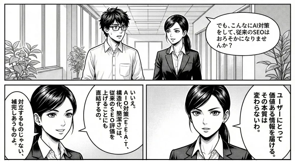 男性が「AI対策をすると従来のSEOはおろそかにならないか」と質問し、女性が「対立ではなく補完」と説明。AI Overview対策（E-E-A-Tや構造化など）は従来の検索評価にもつながり、ユーザーにとって価値ある情報を届ける本質は変わらないと示す