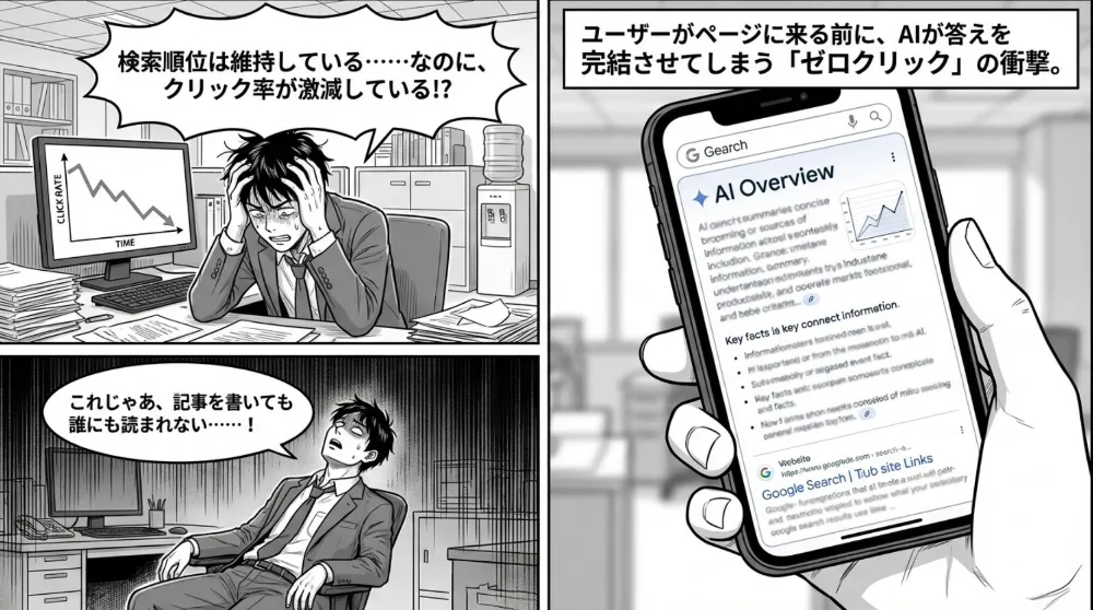 検索順位は維持しているのにクリック率が激減し、AI Overviewの要約で「ゼロクリック」が起きる状況を示す
