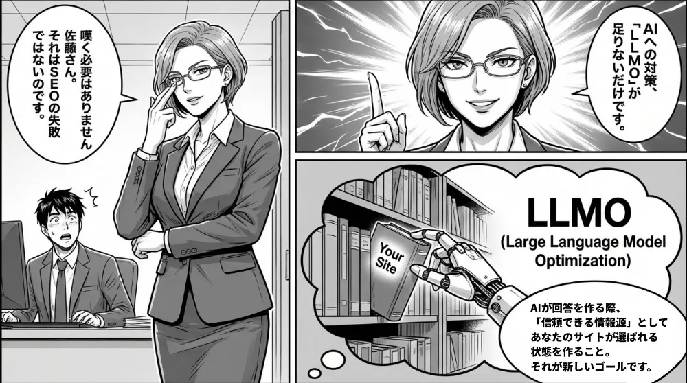 SEOの失敗ではなくLLMO不足だと示し、LLMO（Large Language Model Optimization）を「AIに信頼できる情報源として選ばれる状態づくり」と定義する
