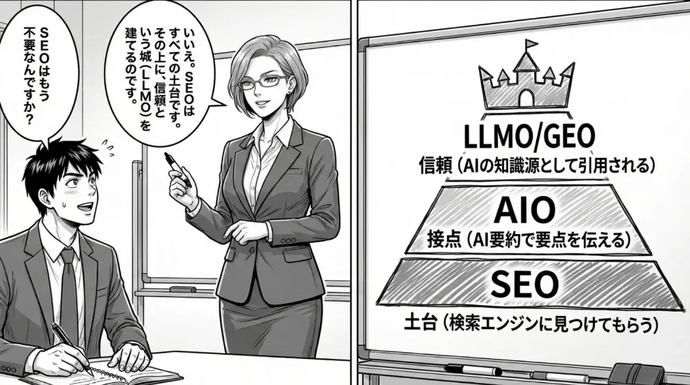 SEOを土台、AIOを接点、LLMO/GEOを信頼として整理し、施策の優先順位を示す（ピラミッド図）
