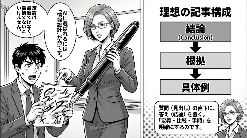 AIに選ばれるには情報設計が重要で、理想の記事構成は「結論→根拠→具体例」。見出し直下に結論を置き、定義・比較・手順を明確にする