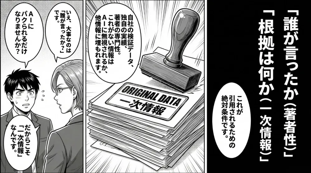 AIにパクられる不安に対し、引用される条件は「著者性（誰が言ったか）」と「一次情報（根拠は何か）」で、自社検証データや実体験が重要だと示す
