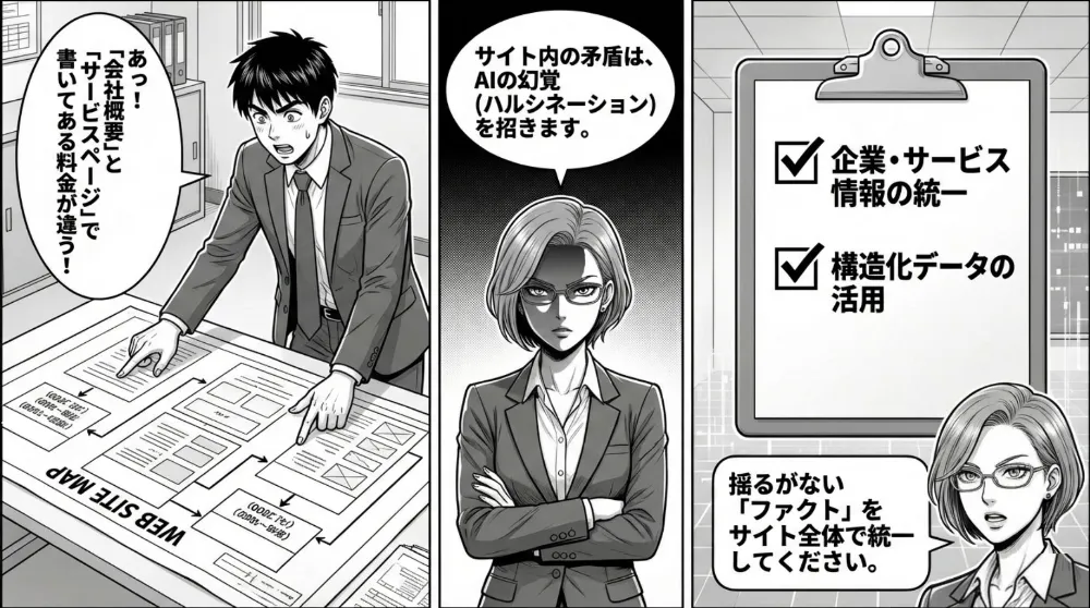 サイト内の情報の矛盾はAIの誤り（ハルシネーション）を招くため、企業・サービス情報の統一と構造化データの活用でファクトをサイト全体で揃える重要性を示す
