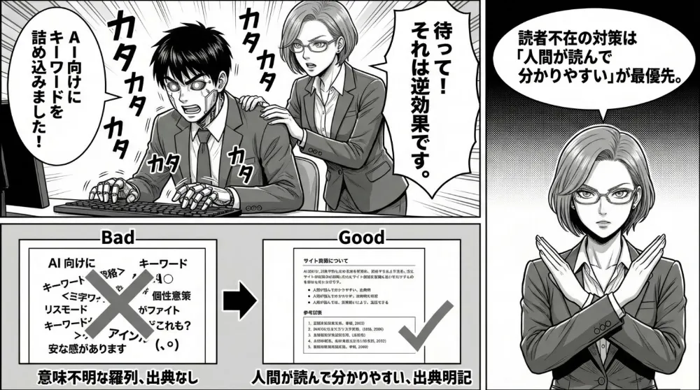 AI向けキーワードの詰め込みは逆効果で、意味不明な羅列や出典なしはBad。人間が読んで分かりやすく、根拠・出典を明記した構成がGoodだと示す
