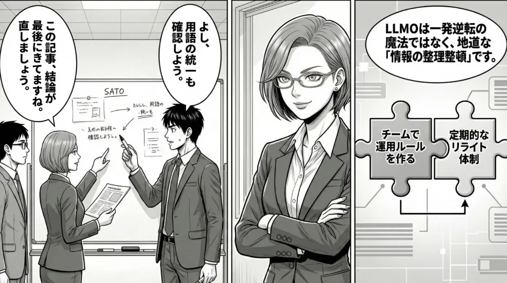 LLMOは魔法ではなく情報整理と運用が要で、用語統一・結論見直し・運用ルール・定期リライト体制が重要だと示す