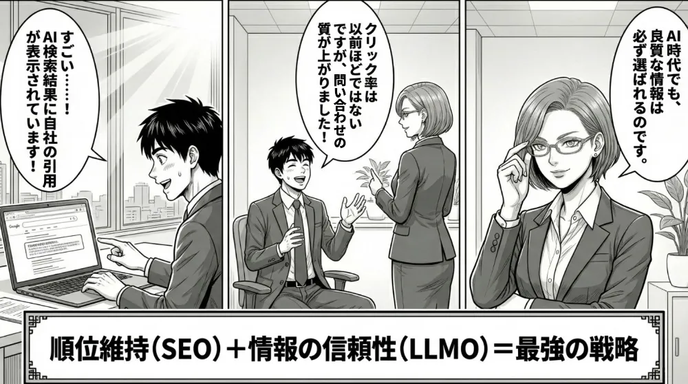 AI検索で自社が引用され、SEOで順位を維持しつつLLMOで信頼性を高めるのが有効だとまとめる